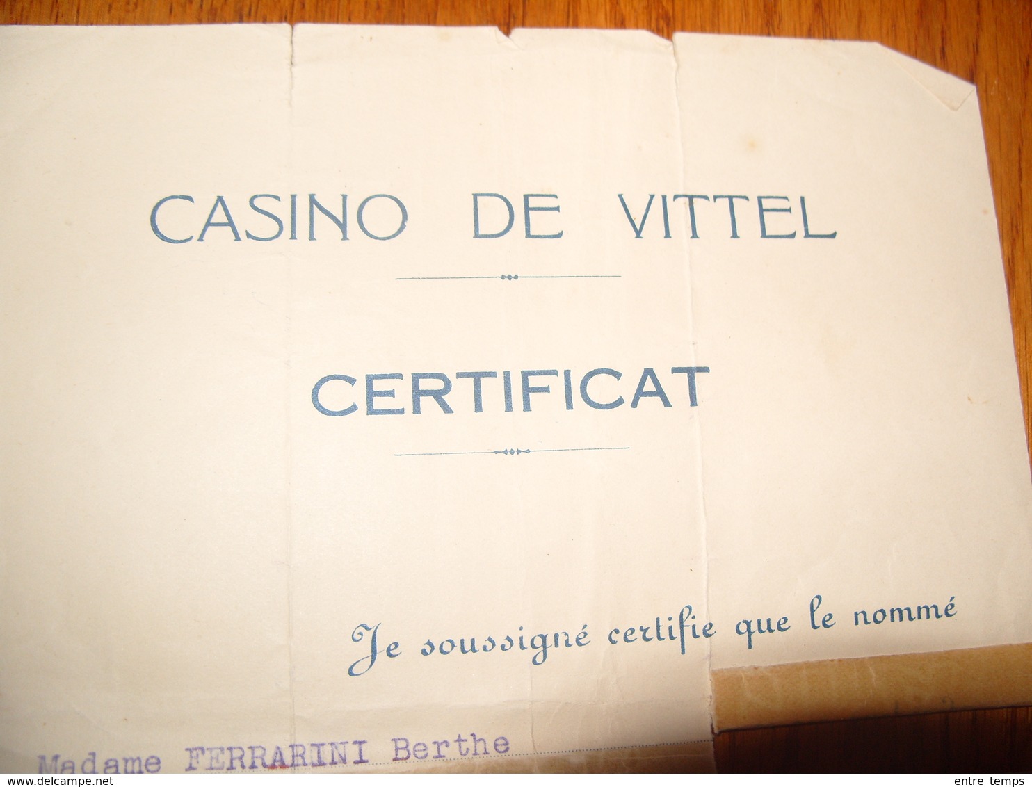 Casino De Vittel Certificat Caissière 1933 - Collections