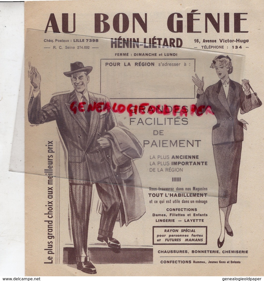 59- HENIN LIETARD- DEPLIANT PUBLICITAIRE AU BON GENIE-16 AVENUE VICTOR HUGO- VETEMENTS -TSF-CYCLO MOTEUR- LAVEUSE- - Advertising