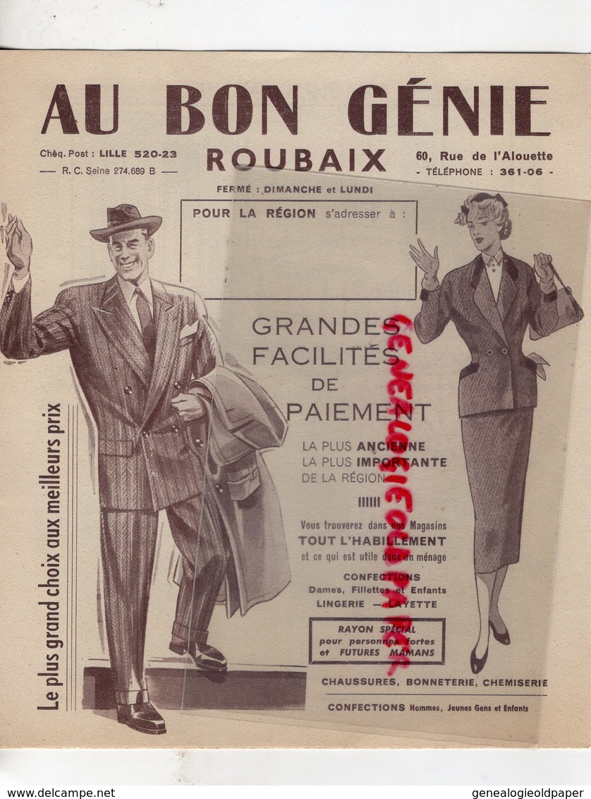 59- ROUBAIX- DEPLIANT PUBLICITAIRE AU BON GENIE-16 AVENUE VICTOR HUGO- VETEMENTS -TSF-CYCLO MOTEUR- LAVEUSE- - Werbung