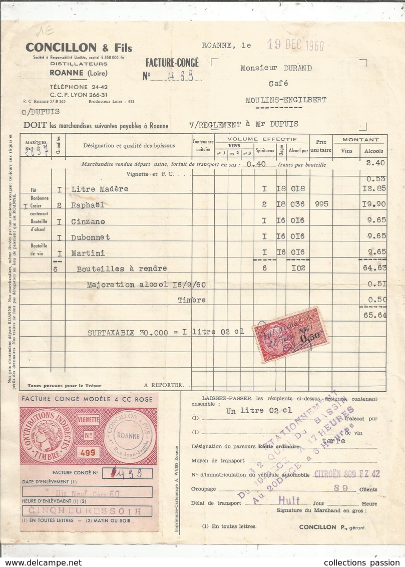 Facture , 1960 , CONCILLON & Fils ,distillateurs , Roanne ,Loire ,+ Congé 4 CC ROSE, 2 Scans , Frais Fr 1.45e - 1950 - ...