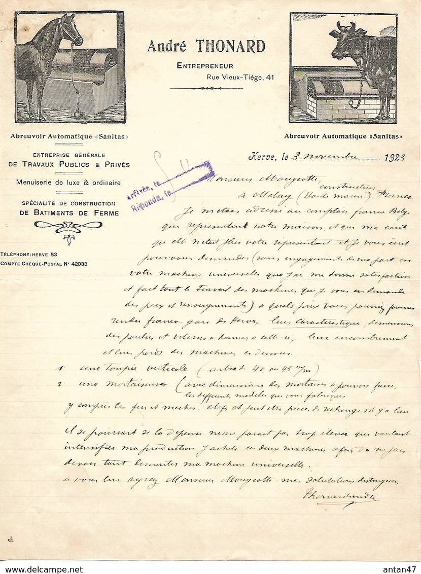 Facture Lettre 1923 / BELGIQUE / HERVE / A. THONARD / Abreuvoir Automatique "SANITAS" - Agriculture
