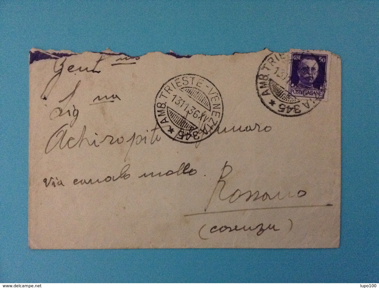 1936 BUSTA CON ANNULLO AMBULANTE TRIESTE VENEZIA 345 DA FIUME A ROSSANO - Storia Postale