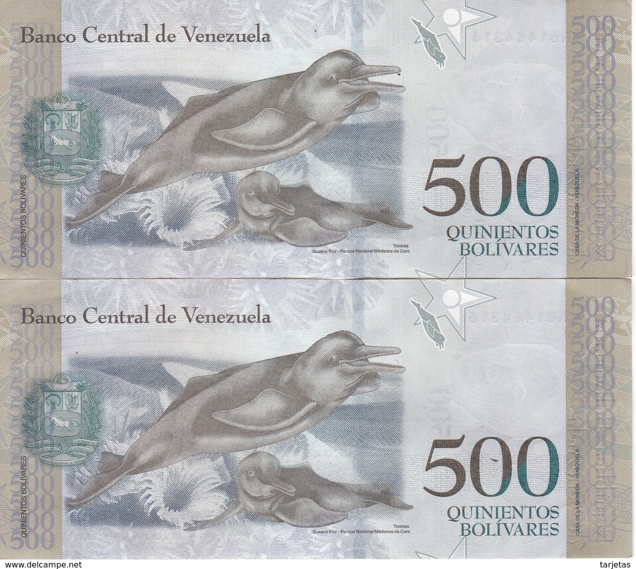 PAREJA CORRELATIVA DE VENEZUELA DE 500 BOLIVARES DEL 23 DE MARZO DEL 2017 EN CALIDAD EBC (XF)  (BANKNOTE) DELFIN-DOLPHIN - Venezuela