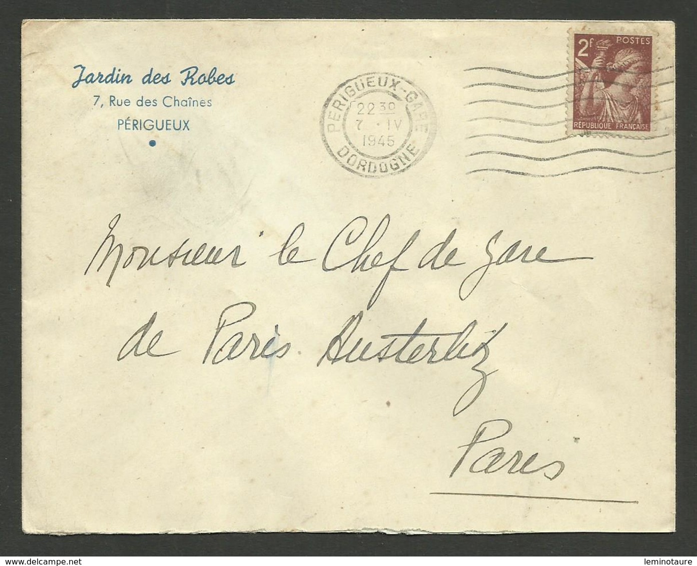 DORDOGNE / Enveloppe Commerciale " Jardins Des Robes " à PERIGUEUX / 2F Iris 1945 - 1921-1960: Période Moderne
