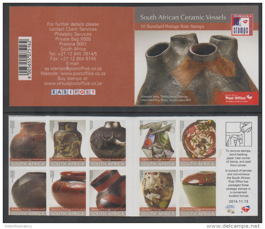 SOUTH AFRICA  ,2014, MINTCERAMIC VESSELS, STYLIZED BIRDS, ANIMALS, REPTILES, BOOKLET OF 10 SELF-ADHESIVE STAMPS, - Other & Unclassified