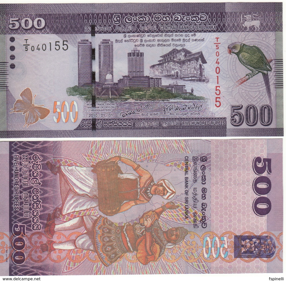 SRI LANKA  500 Rupees  Dated 2010.01.01   P126a   Parakeet At Right  UNC - Sri Lanka