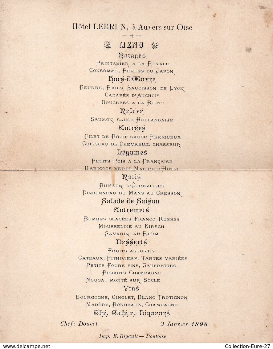 95-SUPERBE MENUS DU RESTAURANT HOTEL LEBRUN à AUVERS SUR OISE Du 3 JANVIER 1898 - Menus