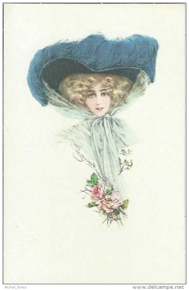 Aquarelle - Repro - Illustrateur à Déterminer - Femme Avec Chapeau Bleu - Pas Circulé - TBE - 1900-1949