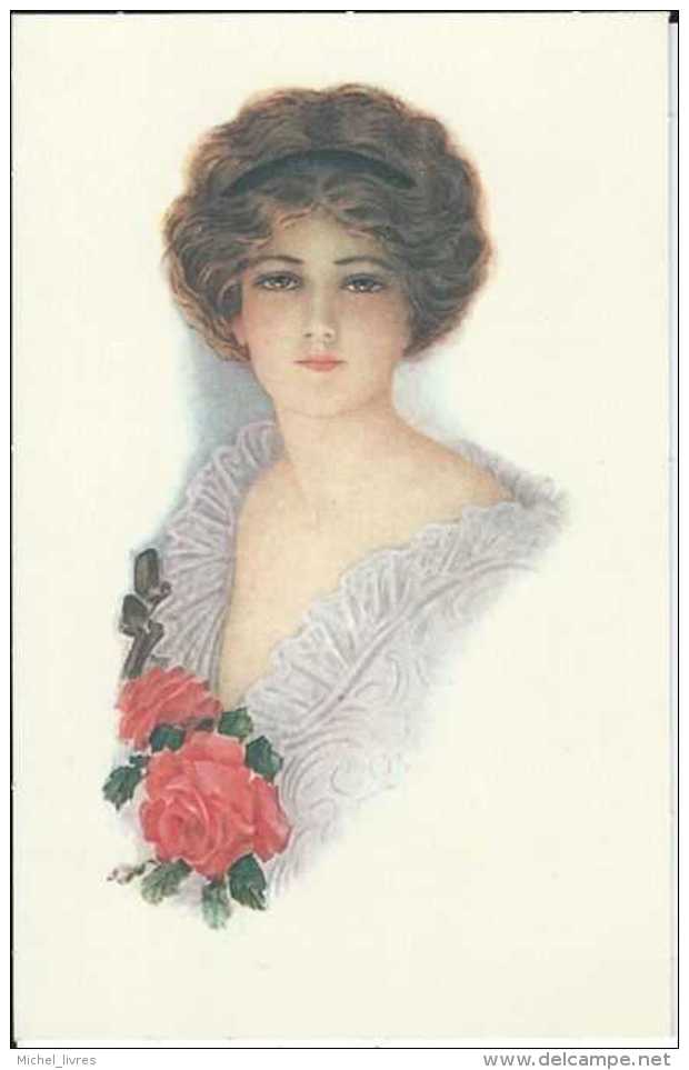 Aquarelle - Repro - Illustrateur à Déterminer - Femme Avec Deux Roses Rouges - Pas Circulé - TBE - 1900-1949