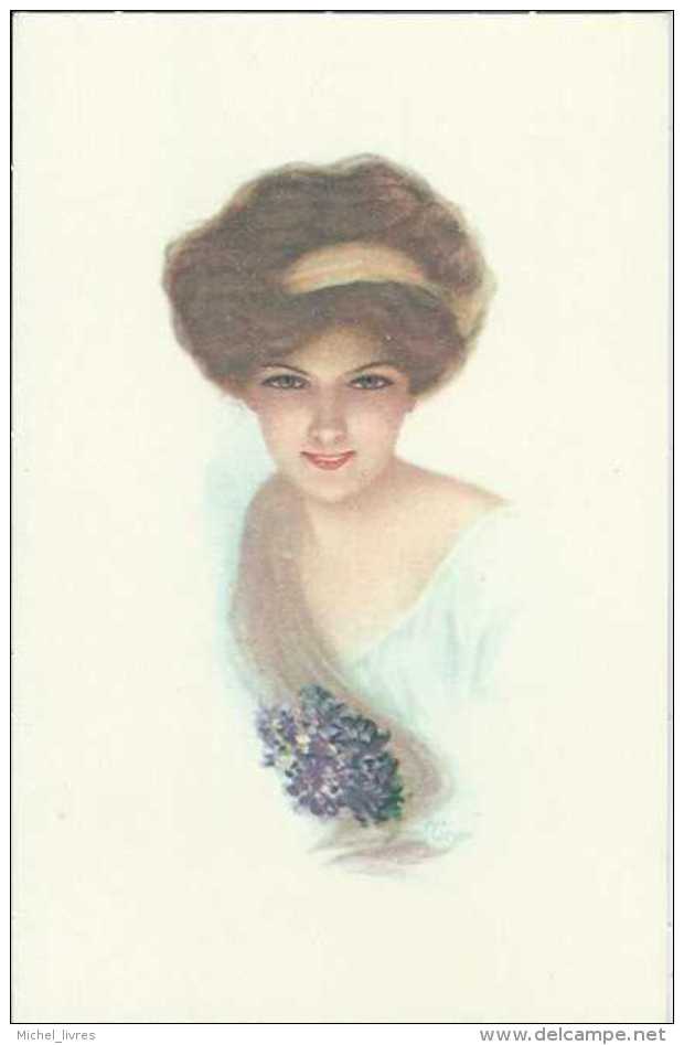Aquarelle - Repro - Illustrateur à Déterminer - Femme Avec Fleurs Bleues - Pas Circulé - TBE - 1900-1949