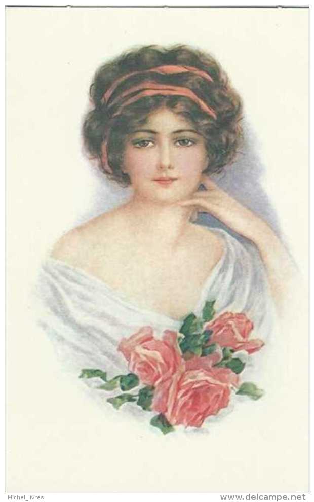 Aquarelle - Repro - Illustrateur à Déterminer - Femme Avec Trois Roses Rouges - Pas Circulé - TBE - 1900-1949