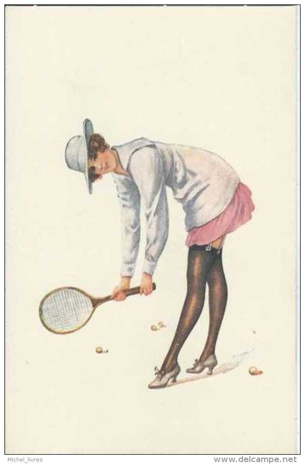 Aquarelle - Repro - Illustrateur à Déterminer - Femme Tenant Une Raquette De Tennis - Pas Circulé - TBE - 1900-1949