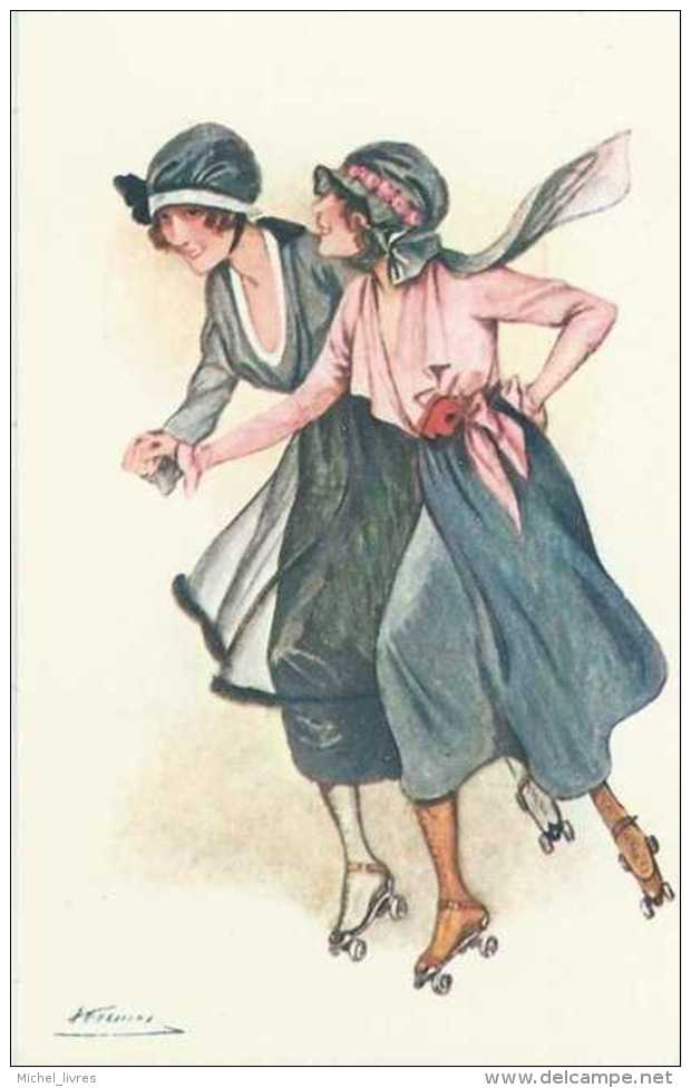 Aquarelle - Repro - Illustrateur Probablement Suzanne Meunier - Femmes En Patins à Roulettes - Pas Circulé - TBE - Meunier, S.