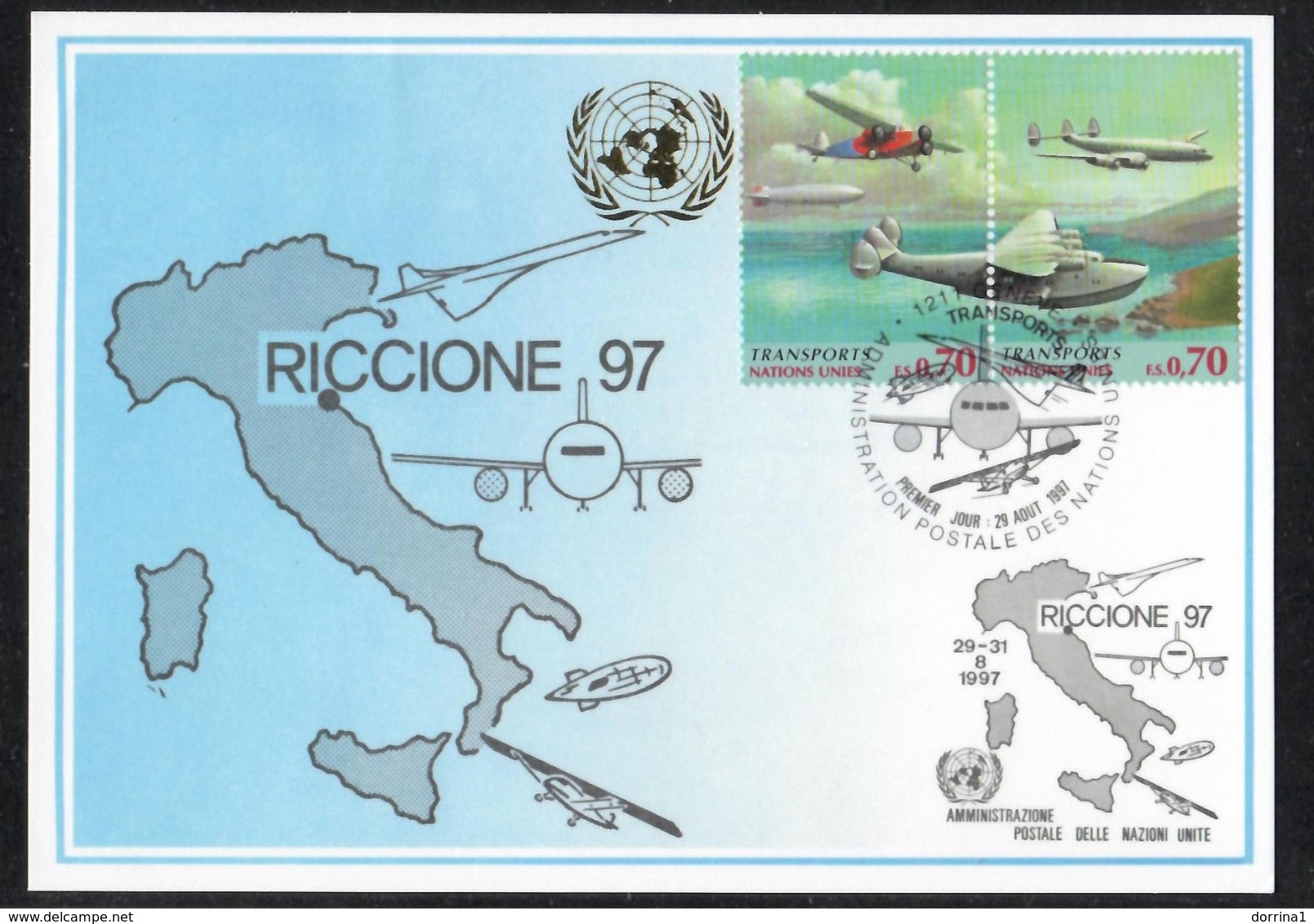 UN United Nations RICCIONE 1997 TRANSPORTS Airplane Aircraft - Italy Geneva - Covers & Documents