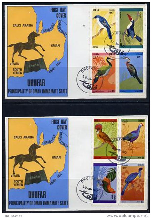 105020 Dhufar 1972 Birds #3 (Shrike Toucan Woodpecker Gallinule Jungle Fowl Darter)perf Set Of 8 Values On 2  FDCs - Cinderellas