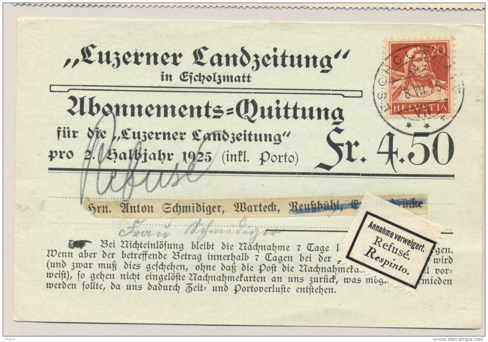 Schweiz - 1922/5 - 10c Tell On Postcard &amp; 20c Tell On Abonnements Quittung - Brieven En Documenten