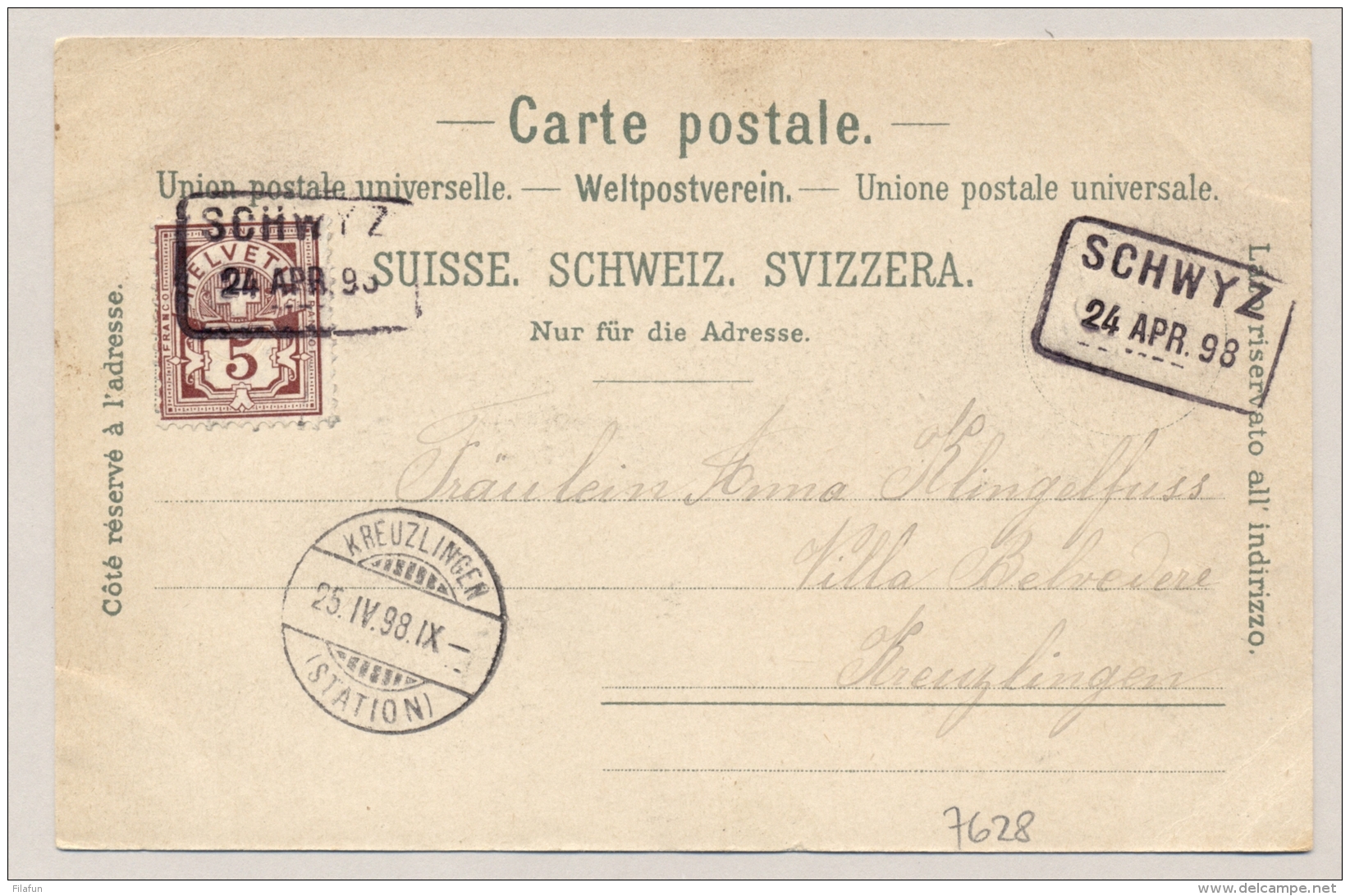 Schweiz - 1898 - 5c On Coloured Postcard Vierwaltstätter See From SCHWYZ To Kreuzlingen - Lettres & Documents