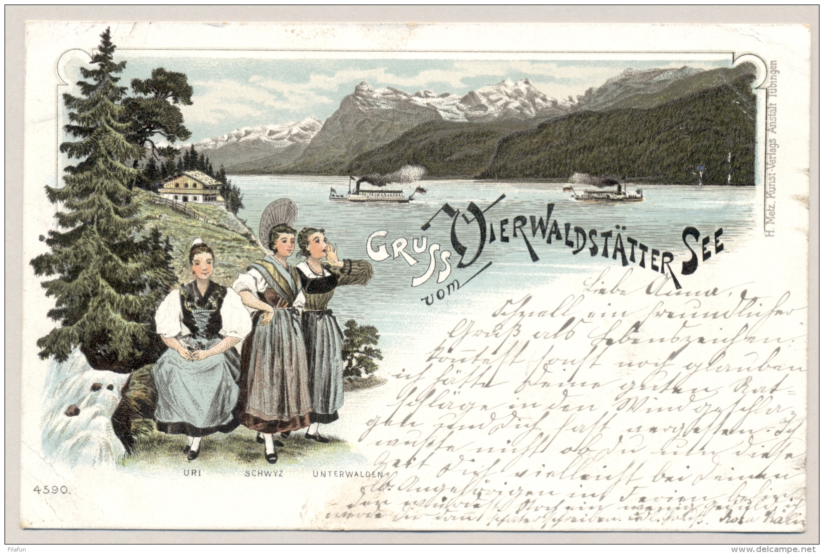 Schweiz - 1898 - 5c On Coloured Postcard Vierwaltstätter See From SCHWYZ To Kreuzlingen - Lettres & Documents