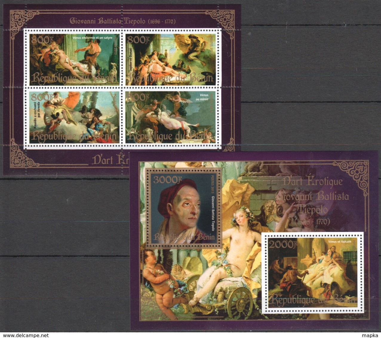 S113 2013 BENIN PRIVATE ISSUE EROTIC ART GOLD GIOVANNI BATTISTA TIEPOLO 1KB+1BL MNH - Other & Unclassified