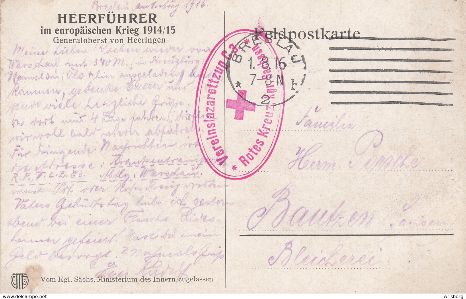 Cachet Vereinslazarettzug C 3 / Rotes Kreuz Kgr Sachsen Sur CP Obl Omec BRESLAU Du 1.8.16 Adressée à Bautzen - Guerre De 1914-18