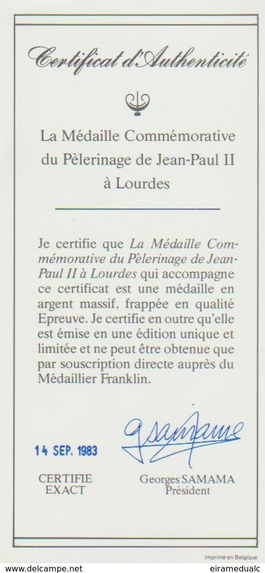 Médaille Commémorative Du Pélerinage De Jean-Paul II à Lourdes  1983 - Obj. 'Remember Of'