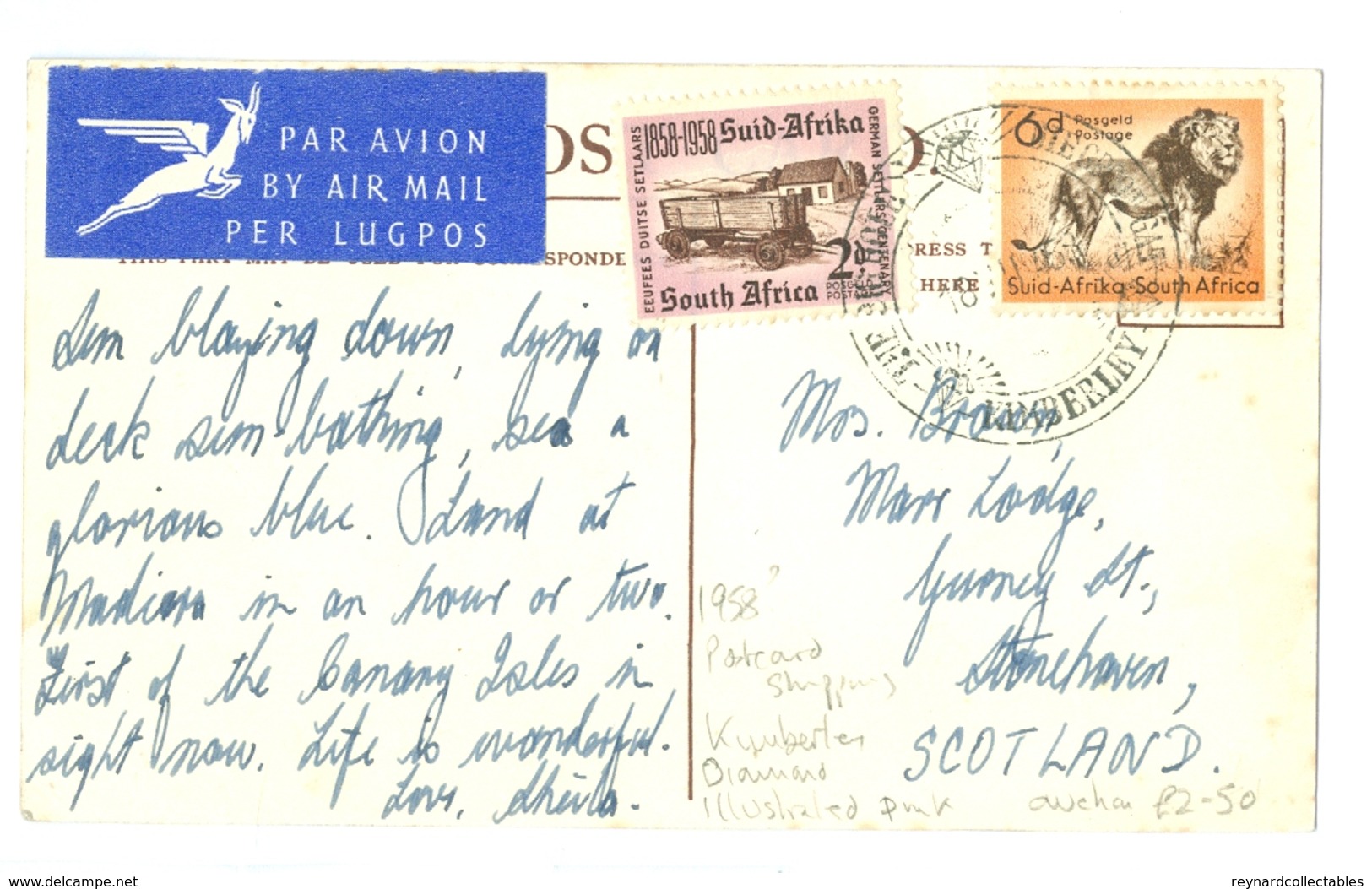 1958? Shipping Pc. The Union Castle Royal Mail Motor Vessel. Kimberley Diamond Illustrated Pmk. - Passagiersschepen