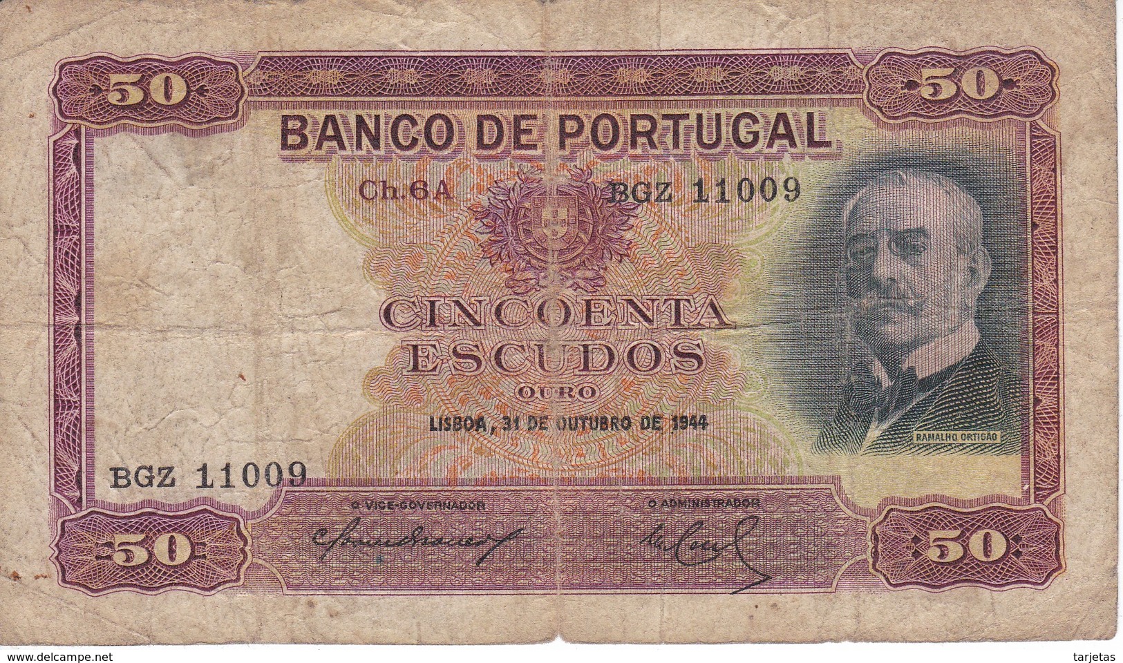 BILLETE DE PORTUGAL DE 50 ESCUDO DEL AÑO 1944  (BANKNOTE) RARO - Portogallo