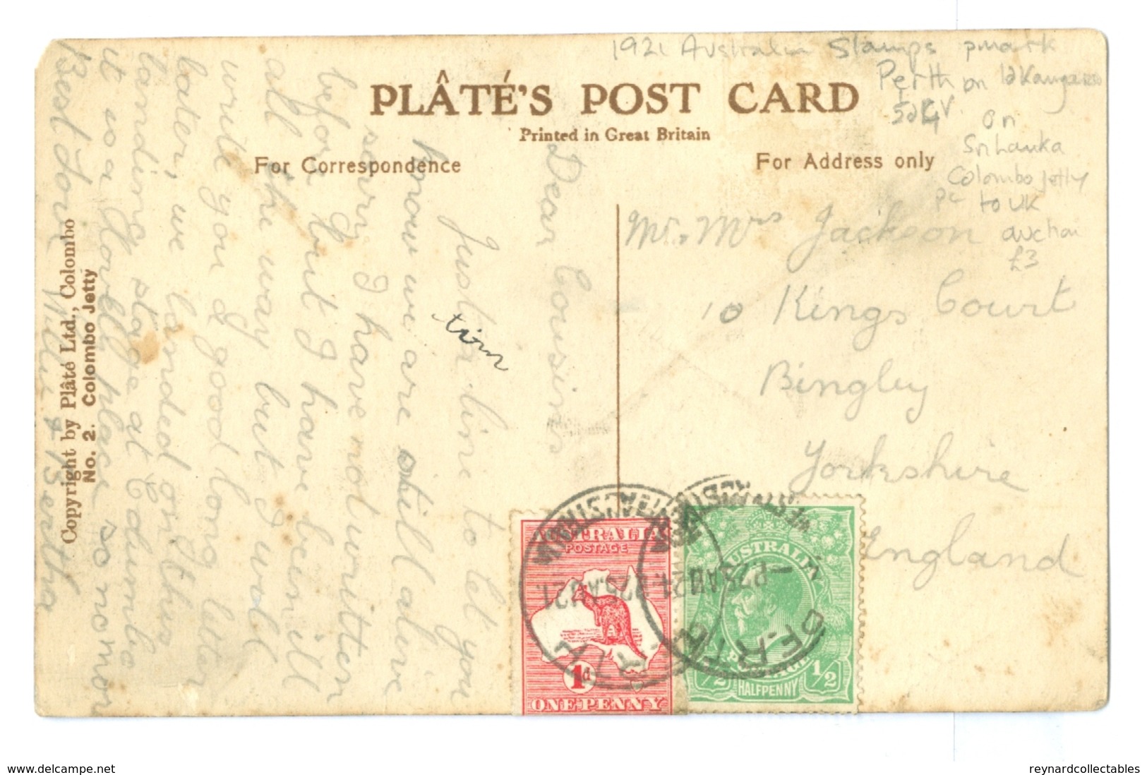 1921, Australia, Perth Pmk On 1d Kangaroo & 1/2d George V Stamp. On Sri Lanka Colombo Jetty Pc, To UK. - Covers & Documents