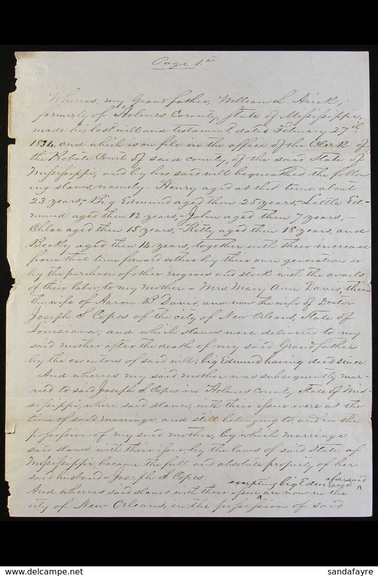 SLAVERY Fascinating Deposition Regarding The Loss Of An Inheritance Of Slaves, Detailing In Full, The Names And Ages Of  - Autres & Non Classés