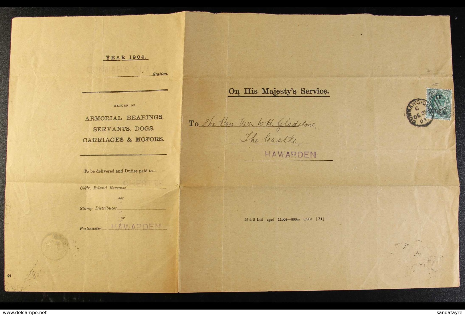 1903 INLAND REVENUE DECLARATION GLADSTONE FAMILY (British Politicians) - Double Sided, Printed O.H.M.S. Document Address - Autres & Non Classés
