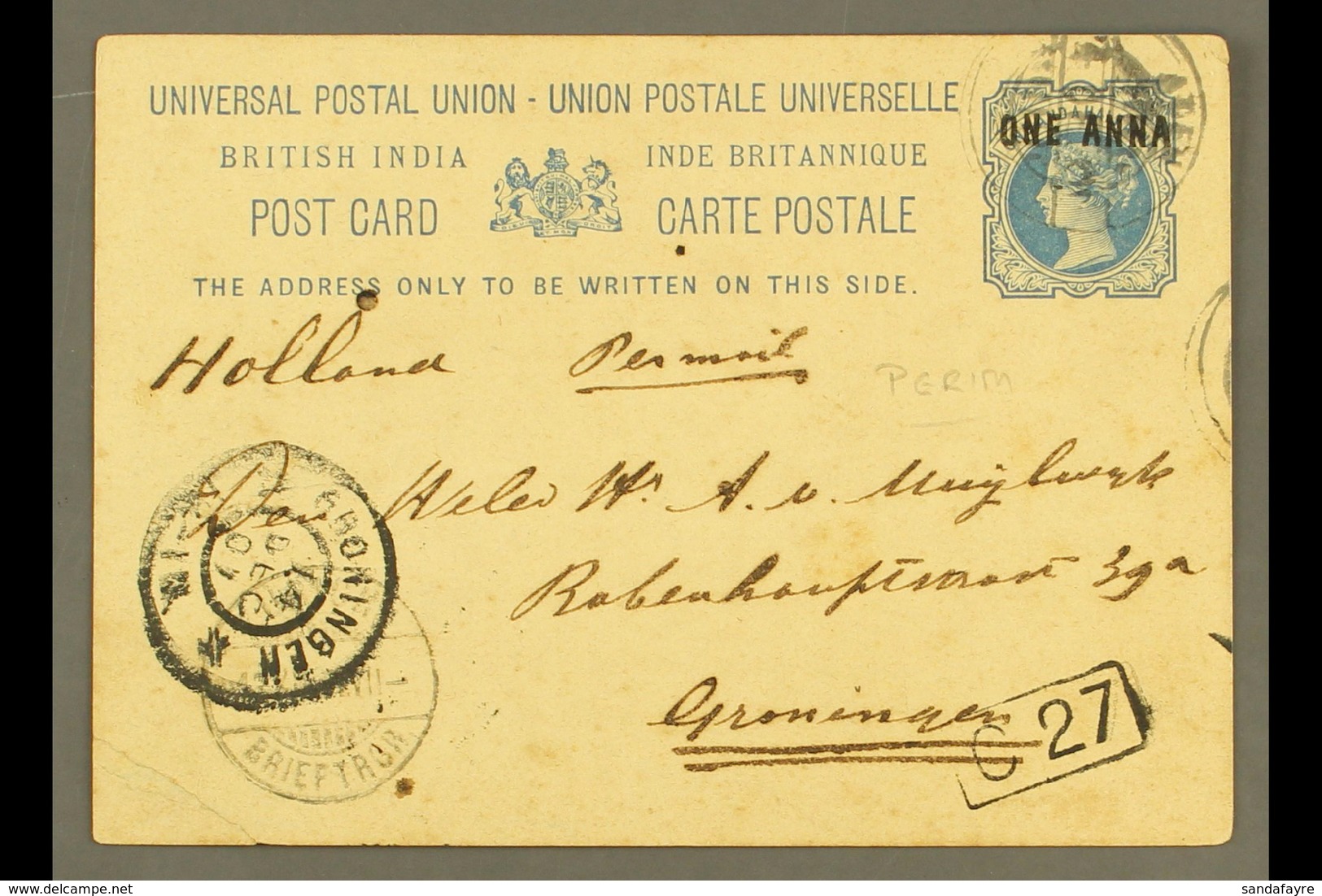 1901 India 1a On 1½a Postal Card From Perim To Holland, Aden Cds Cancel, Alongside Groningen Receiving Cds. For More Ima - Aden (1854-1963)