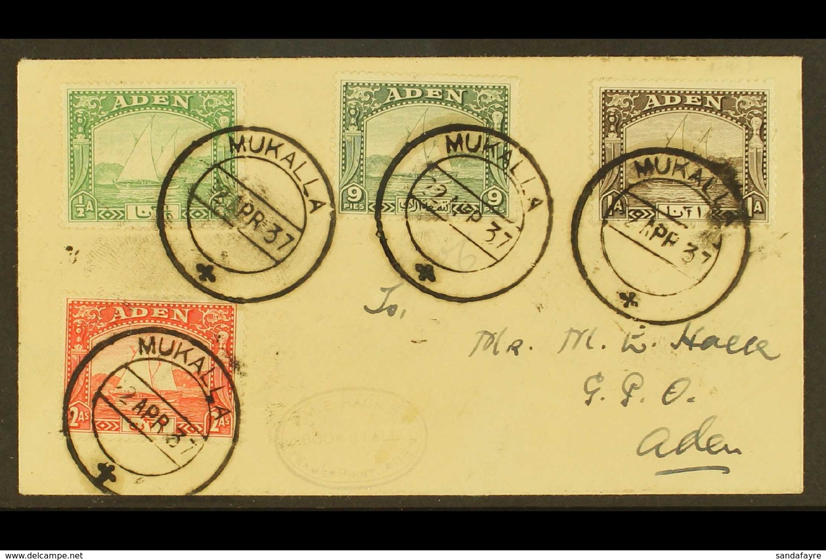 1937 REGISTERED COVER TO ADEN Franked "Dhows" ½a, 9p, 1a And 2a Tied By Mukalla 22 Apr 37 Cdss With On Reverse A Blue Re - Aden (1854-1963)