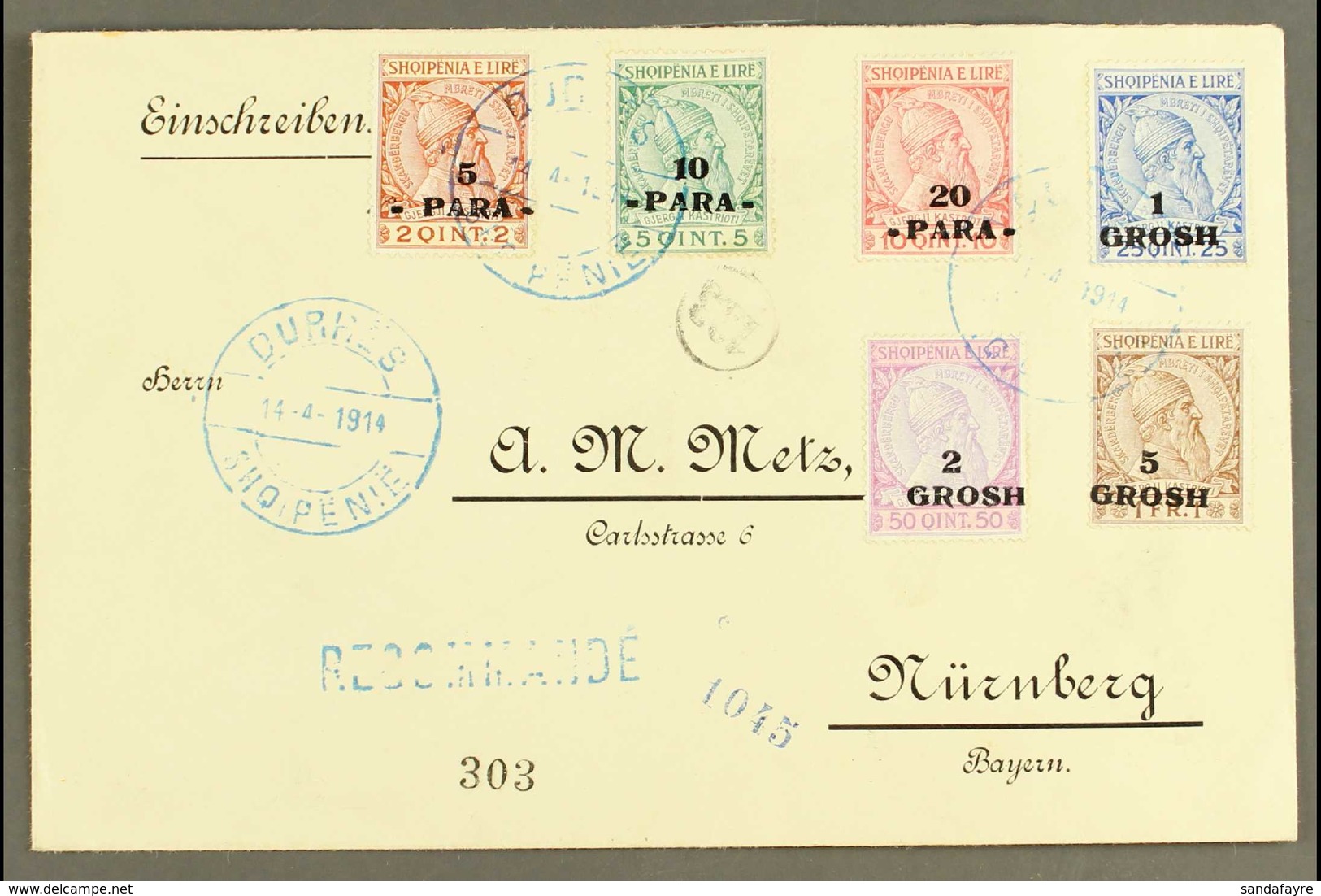 1914 (14 Apr) Registered Cover To Germany Bearing 1914 Surcharges Complete Set (Michel 41/46, SG 40/45) Tied By "Durres" - Albanie