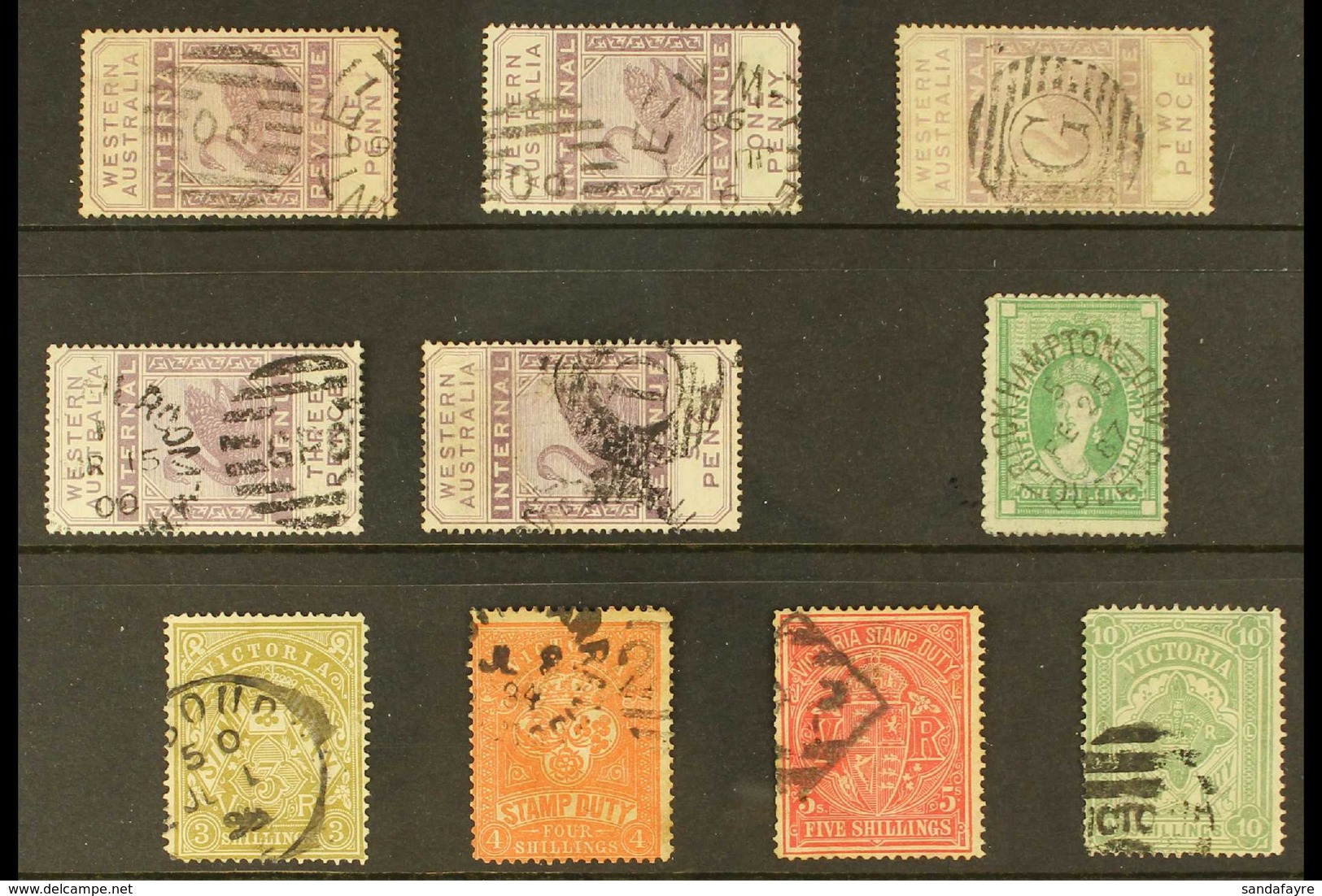 POSTAL FISCALS With Postally Used QUEENSLAND Stamp Duty 1s Green (SG F18); VICTORIA Stamp Duty 3s, 4s, 5s And 10s; WESTE - Autres & Non Classés