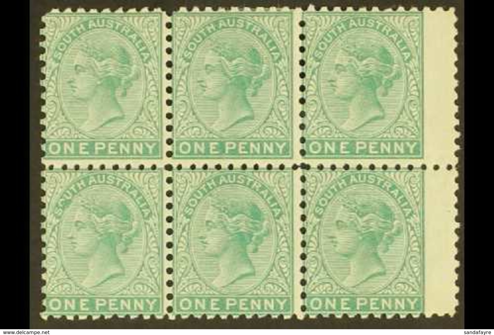 SOUTH AUSTRALIA 1876-1904 1d Deep Green, Perf 10, SG 167b, A Superb Mint BLOCK OF SIX With Five Of The Stamps Never Hing - Autres & Non Classés
