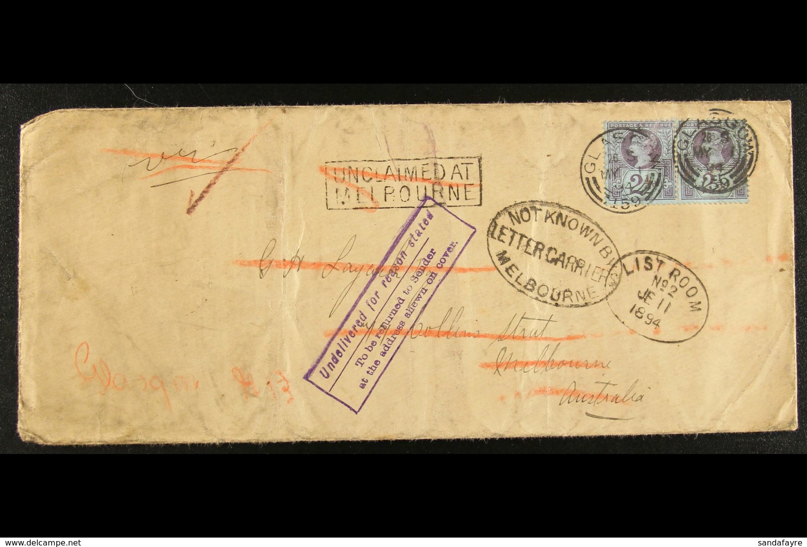 VICTORIA 1894 Unclaimed Cover From Glasgow To Melbourne Bearing GB 2½d Pair, With Address Crossed Out And With Four Diff - Other & Unclassified