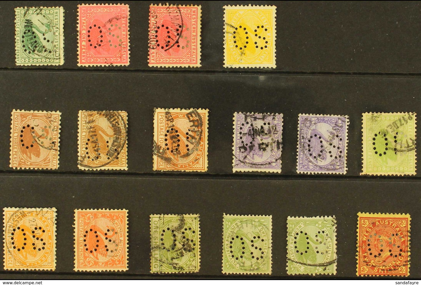WESTERN AUSTRALIA OFFICIALS. A Selection Of "OS" Punctured Official Perfins With Values To 2s. Interesting (16 Stamps) F - Other & Unclassified