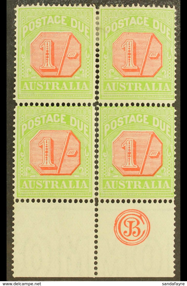 POSTAGE DUES 1913 - 23 1s Scarlet And Pale Yellow Green, SG D85, Bottom Margin Block Of 4 Showing The JBC Mongram, Very  - Autres & Non Classés