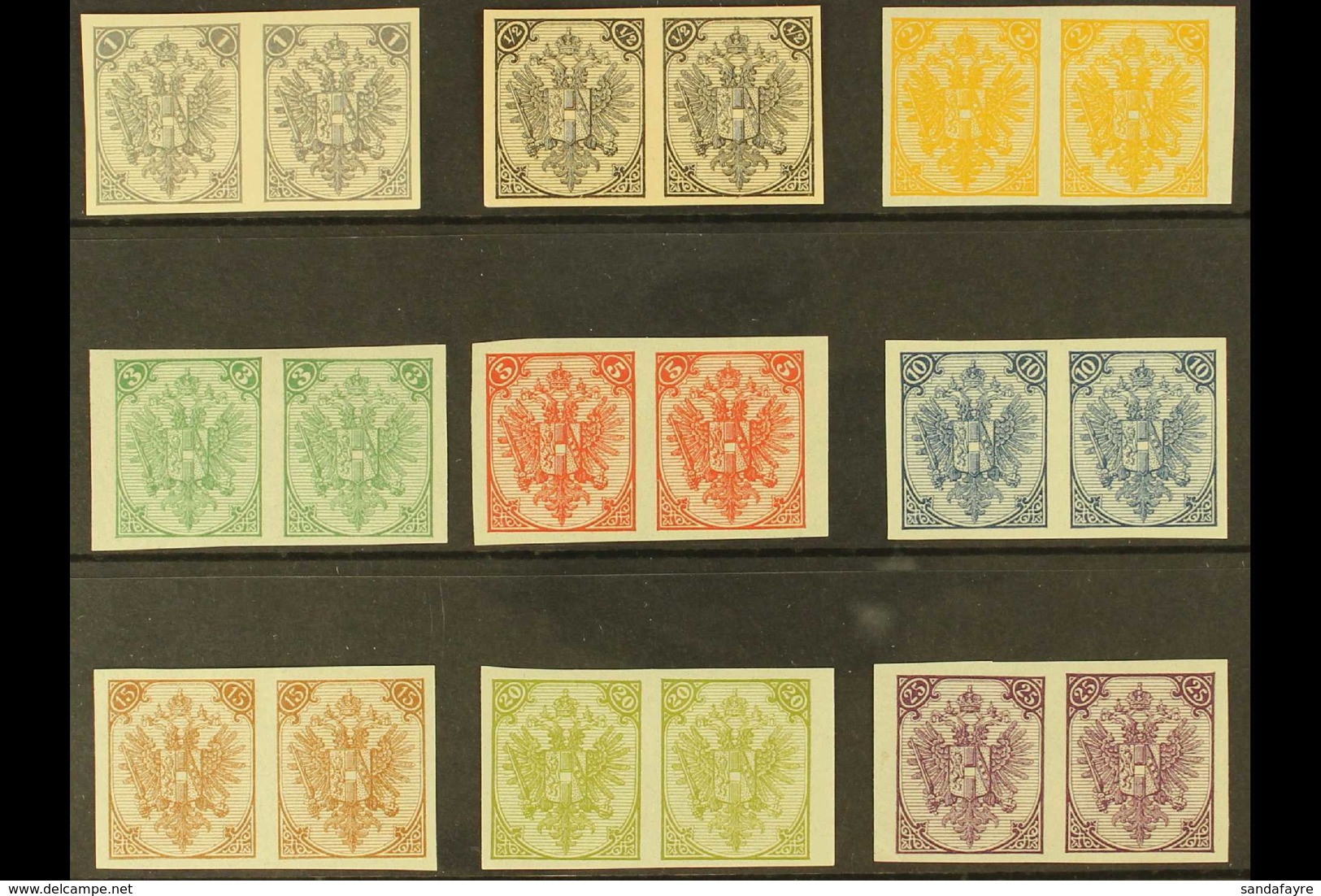 BOSNIA AND HERZEGOVINA 1895-99 Typographed Complete Set Of IMPERF PLATE PROOF PAIRS (Michel 1/9 II P U) Printed On Ungum - Sonstige & Ohne Zuordnung