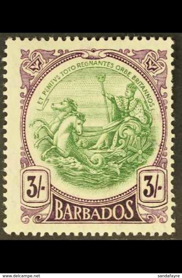 1920 3s Green & Bright Violet, SG 200a, Fine Mint For More Images, Please Visit Http://www.sandafayre.com/itemdetails.as - Barbados (...-1966)