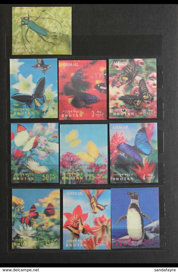 1967-1973 SIMULATED 3-D PLASTIC ISSUES. NEVER HINGED MINT COLLECTION In Two Small Stockbooks, All Different, Includes 19 - Bhutan