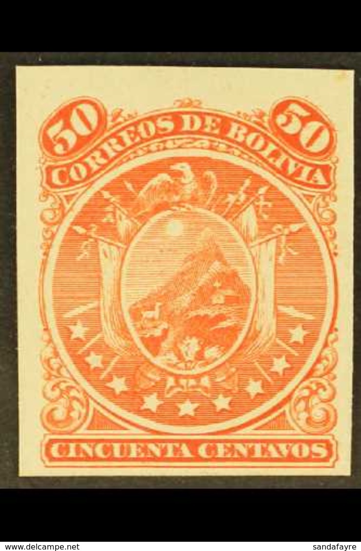 1868-69 IMPERF PROOF 50c Vermilion 'nine Stars' (Scott 12, SG 34) IMPERF PROOF Printed On Card, Very Fine & Fresh Condit - Bolivia