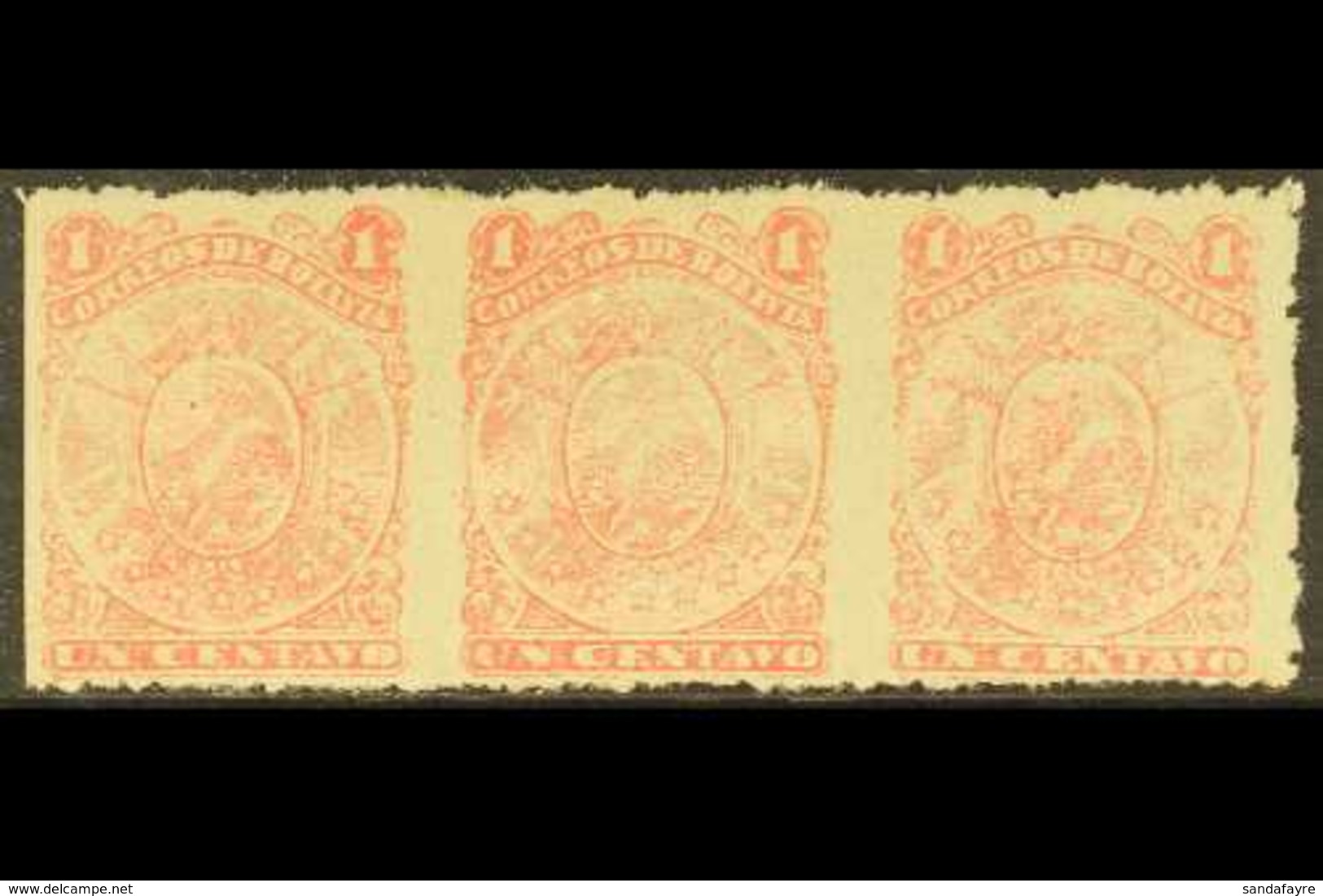 1893 1c Rose Litho Horizontal STRIP OF 3 IMPERF VERTICALLY, Perf At Right (Scott 35b, SG 57b), Fine Mint, Scarce. (3 Sta - Bolivien