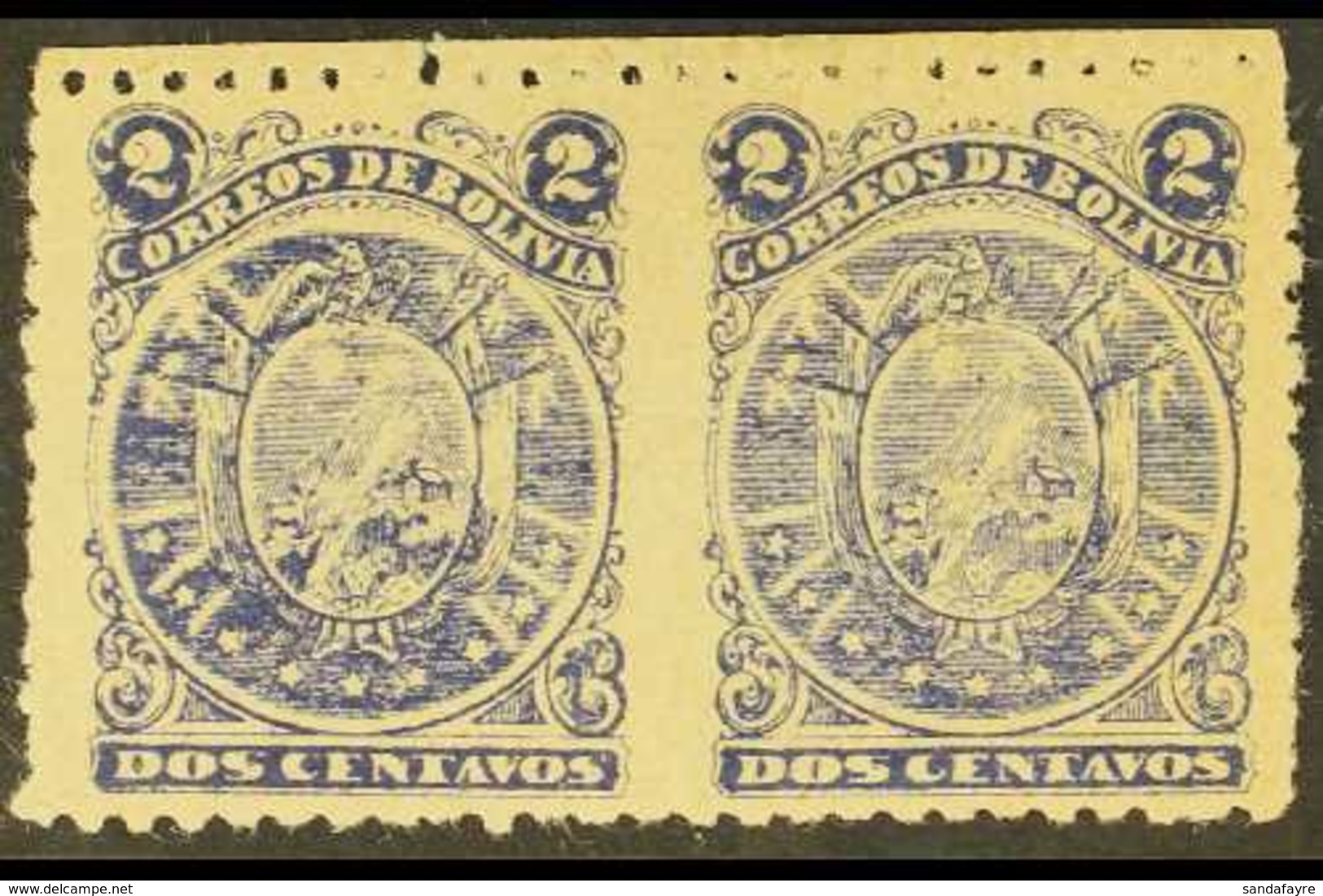 1893 2c Violet Litho Horizontal PAIR IMPERF BETWEEN (Scott 36b, SG 58b), Fine Mint Part Gum, Scarce. (2 Stamps) For More - Bolivie