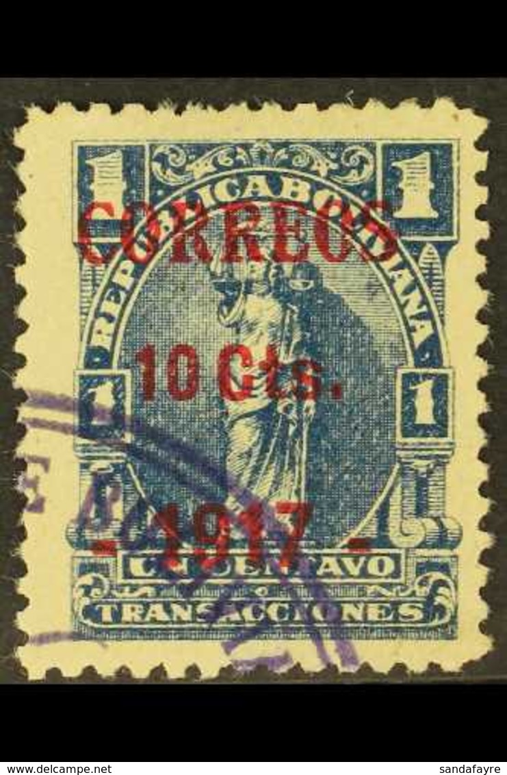 1917 COBIJA PROVISIONAL. 10c On 1c Blue Local Overprint Type 1 On Fiscal Stamp, SG 148c, Used With Part Of Violet Large  - Bolivien