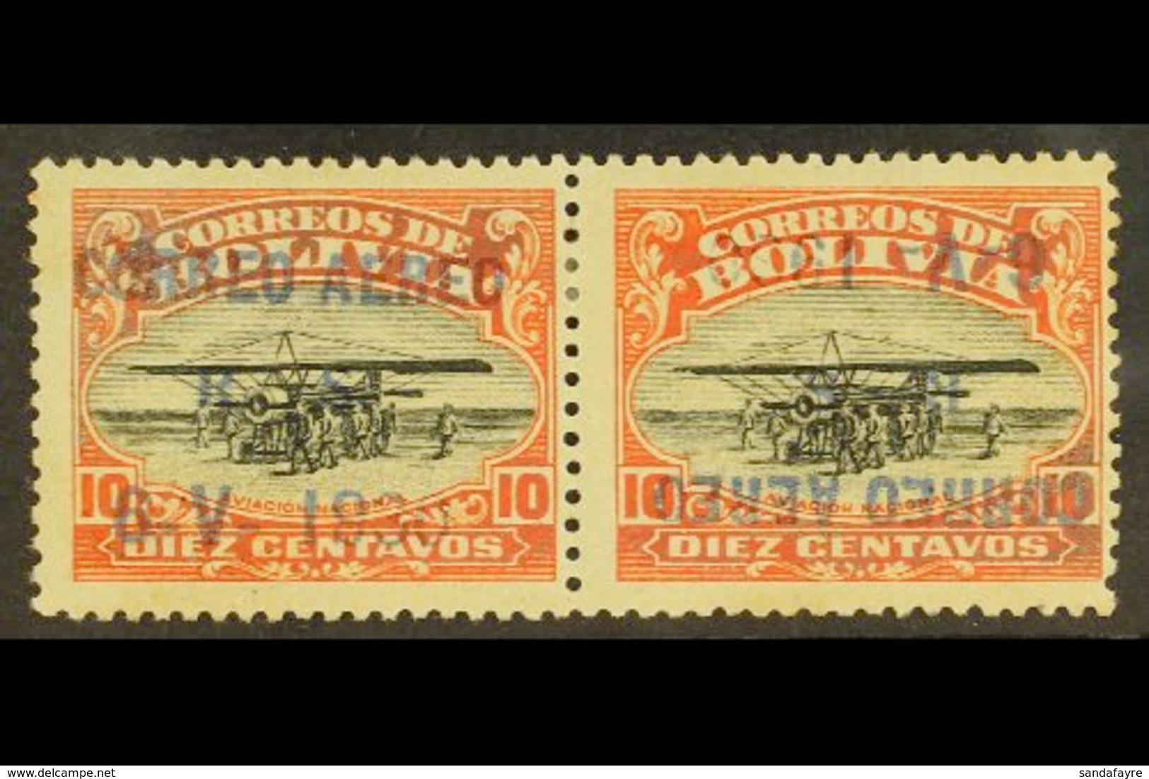 1930 10c Vermilion & Black Air Graf Zeppelin "Correo Aereo" Horizontal PAIR ONE WITH INVERTED OVERPRINT Variety, Sanabri - Bolivien