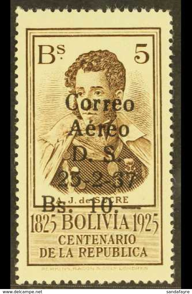 1937 10b On 5b Sepia "Correo Aereo" OVERPRINT IN BLACK Variety, Sanabria 83 (see Note After SG 320), Never Hinged Mint,  - Bolivie