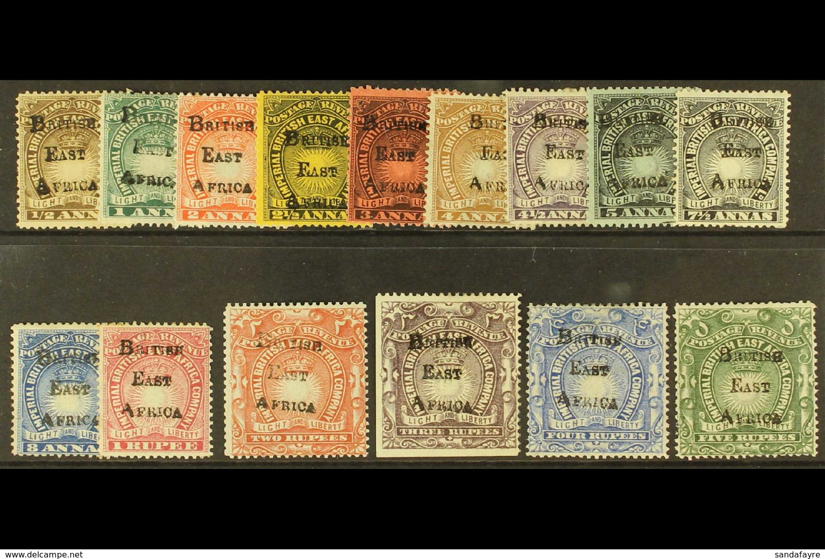1895 Complete Handstamped Set, SG 33/47, Fine Mint, The 2r Signed Diena, 3r With Marginal Edge. (15 Stamps) For More Ima - Britisch-Ostafrika