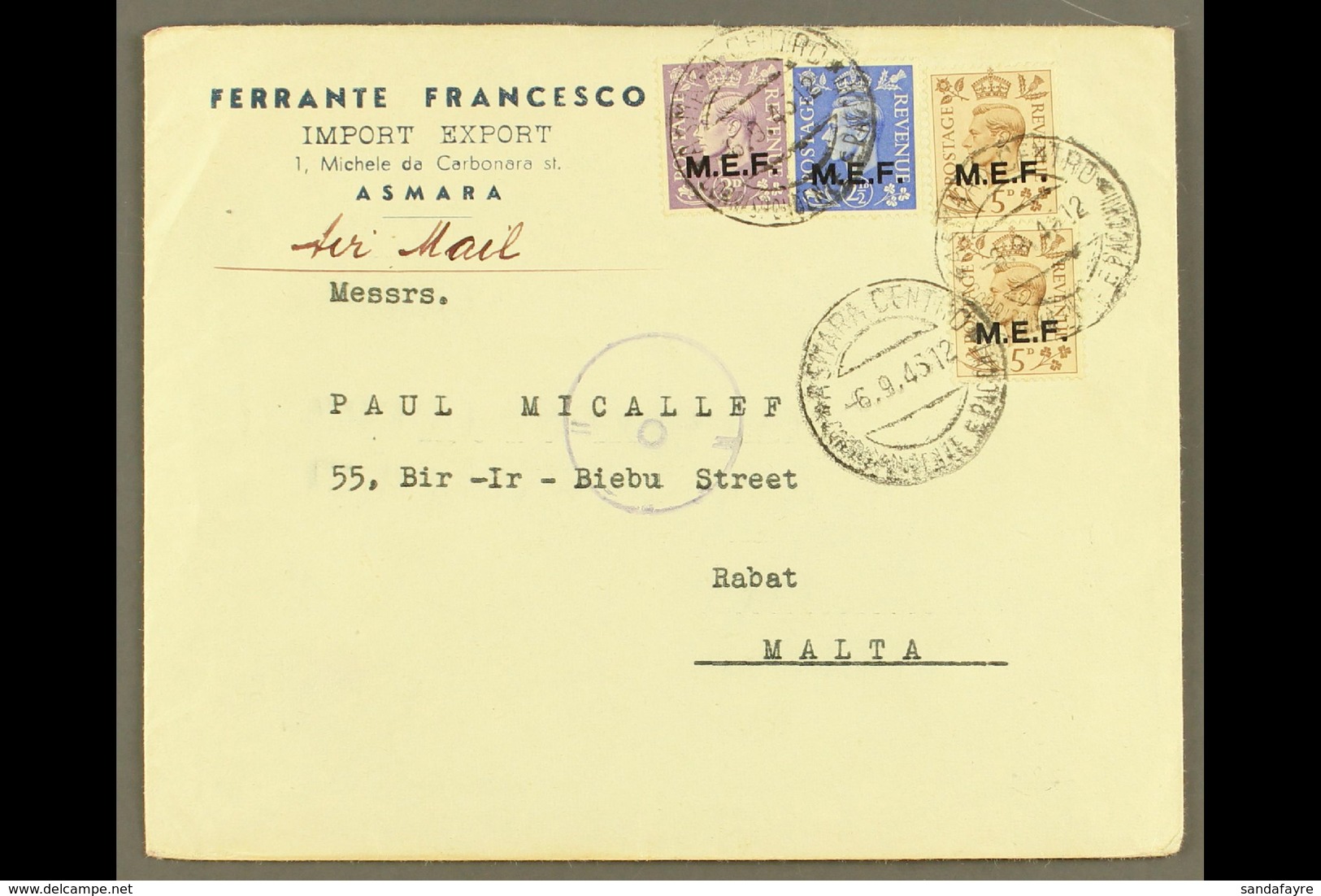 ERITREA 1945 Commercial Cover To Malta, Franked With 2½d, 3d & 5d Pair Of KGVI "M.E.F." Overprints, SG M13/15, Asmara 6. - Afrique Orientale Italienne