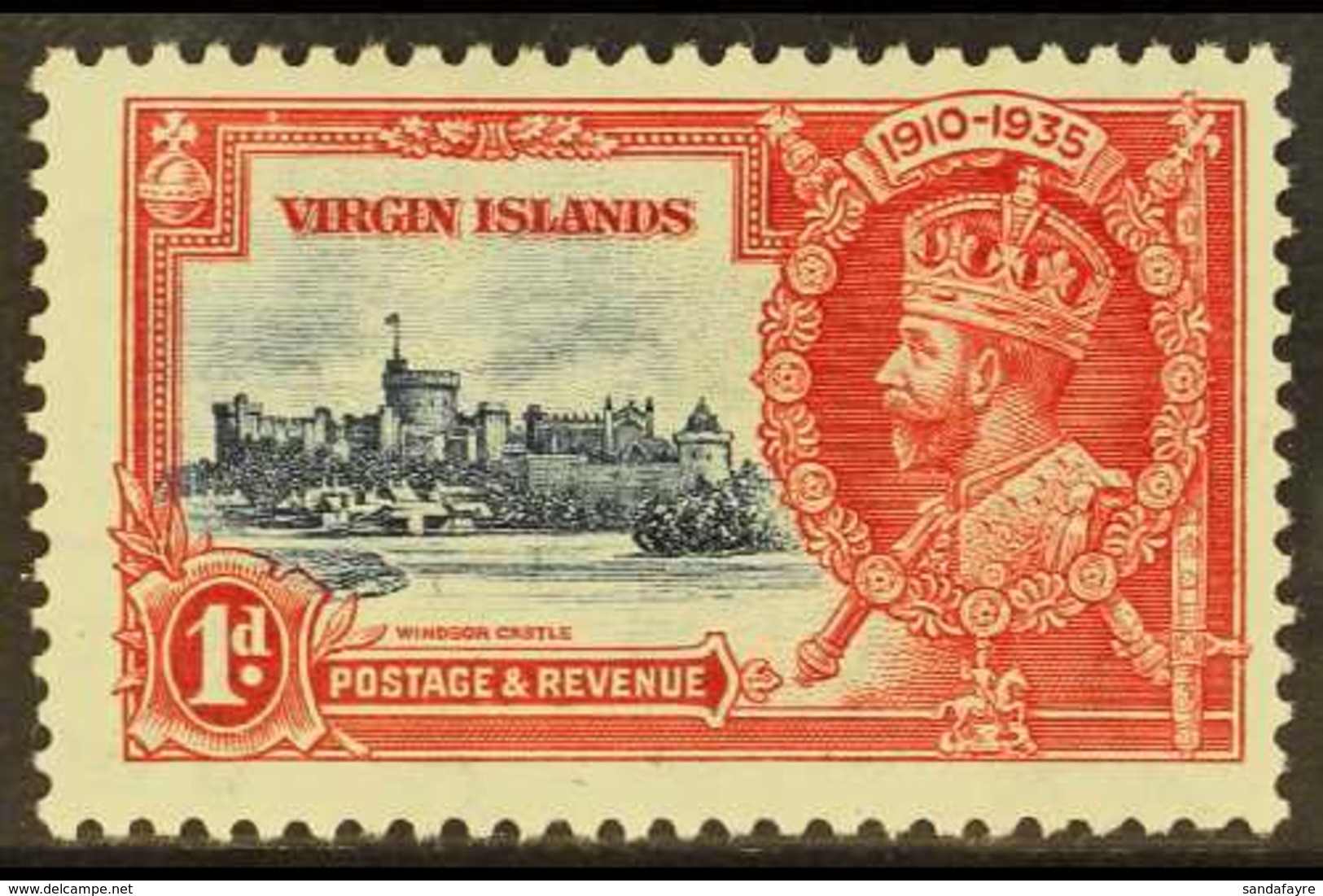 1935 1d Deep Blue And Scarlet Silver Jubilee With KITE AND VERTICAL LOG Variety, SG 103k, Fine Mint. For More Images, Pl - British Virgin Islands
